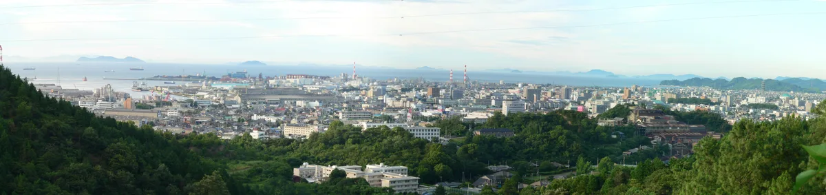星越の高台から見下ろした新居浜の市街地。屋根が海の方向まで平らに続いている