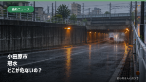 小田原市の冠水危険箇所を解説する記事のアイキャッチ。大雨時のアンダーパスのイメージ