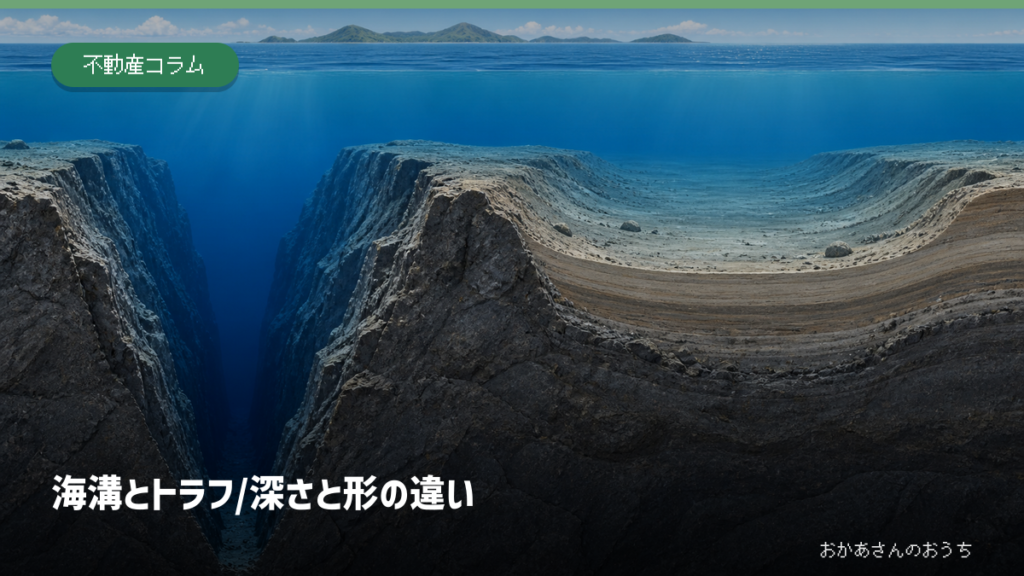 海溝とトラフの深さ、幅、斜面の違いを表す海底地形のアイキャッチ画像
