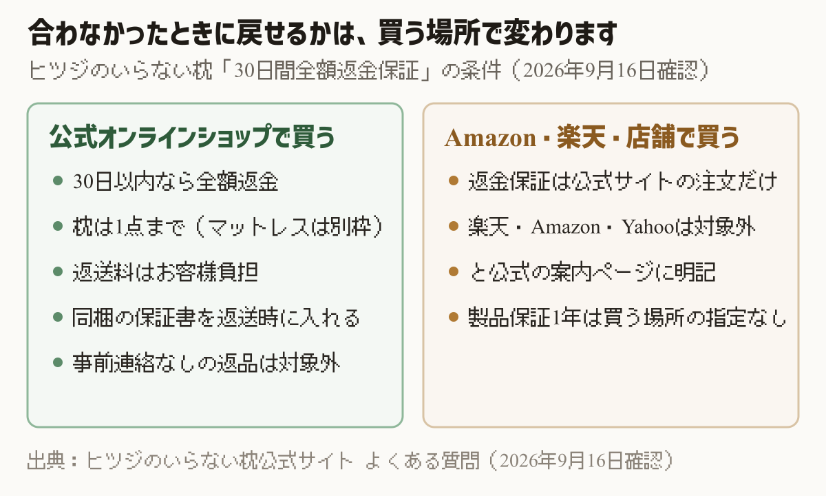 買う場所によって30日間全額返金保証の扱いが変わることを示した図