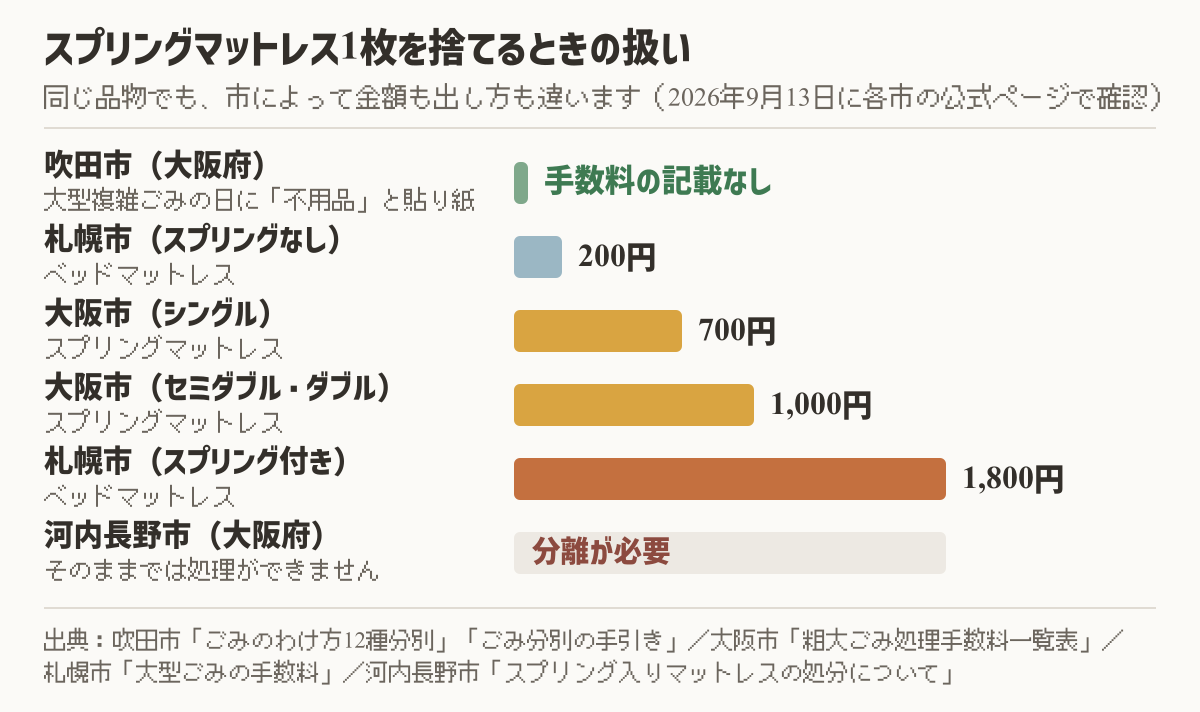 スプリングマットレス1枚を捨てるときの扱いを4市で比べた横棒グラフ。吹田市は手数料の記載なし、札幌市のスプリングなしは200円、大阪市シングルは700円、大阪市セミダブル・ダブルは1,000円、札幌市のスプリング付きは1,800円、河内長野市は分離が必要