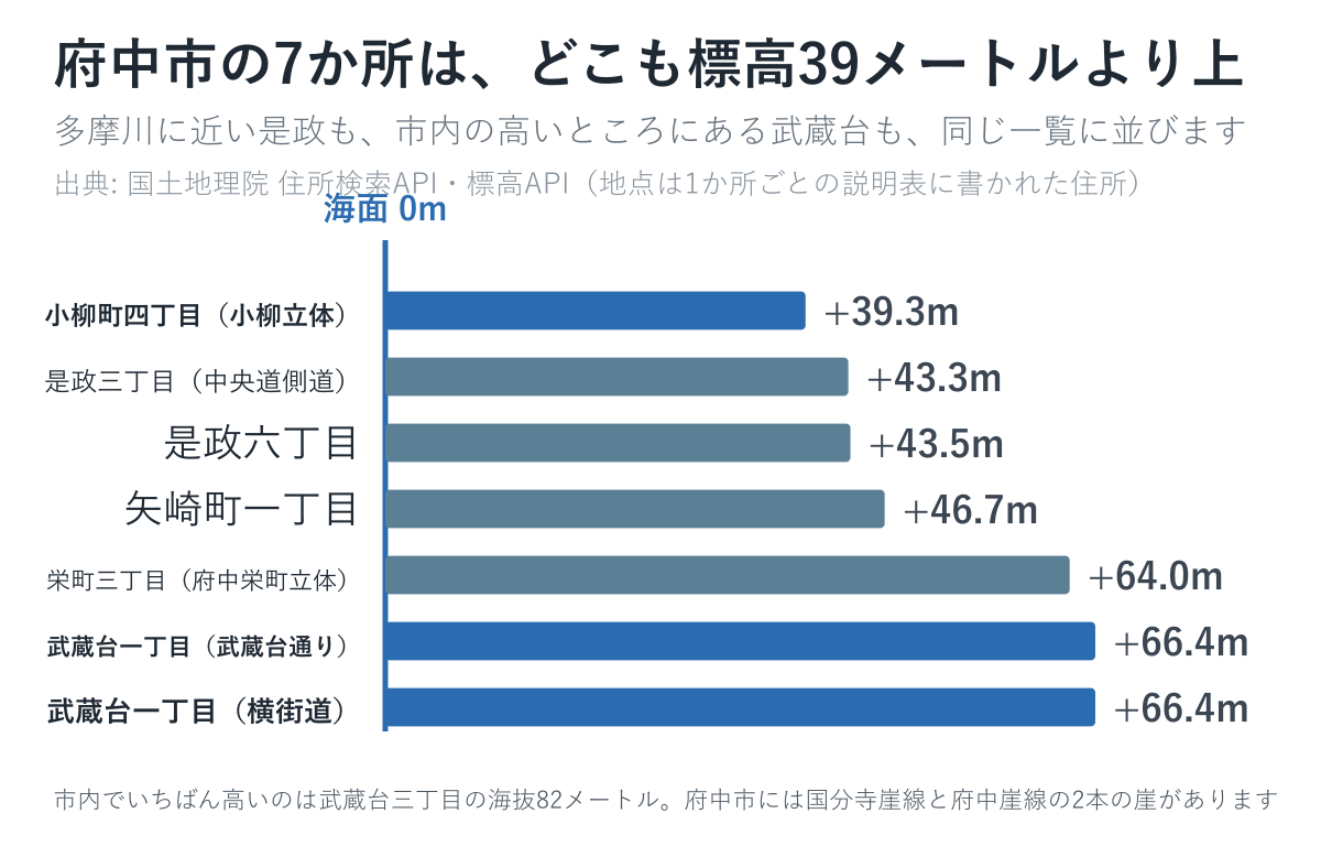 7か所とも標高39メートルより上。多摩川沿いの是政も武蔵台も同じ一覧に並びます