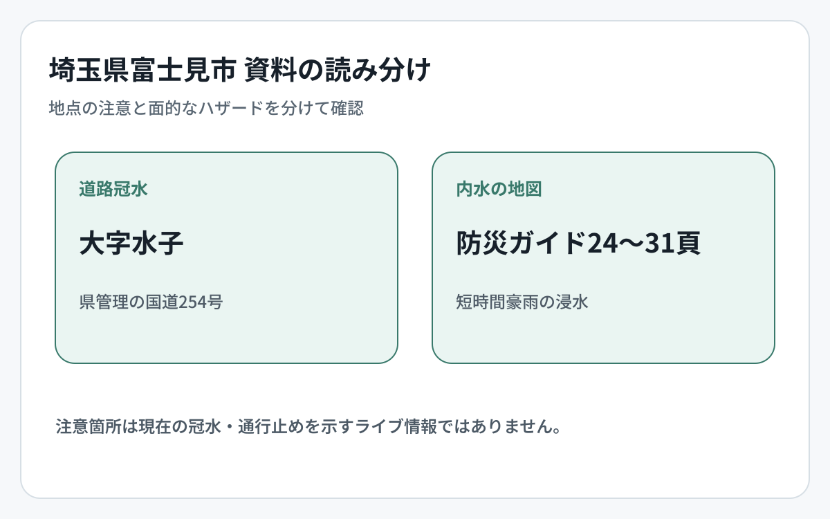 埼玉県富士見市の道路冠水資料とハザード資料の対象範囲を比較した図