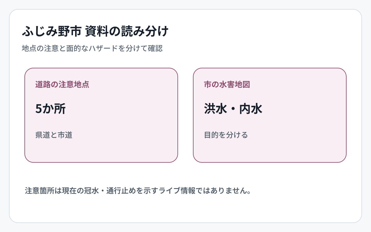 ふじみ野市の道路冠水資料とハザード資料の対象範囲を比較した図