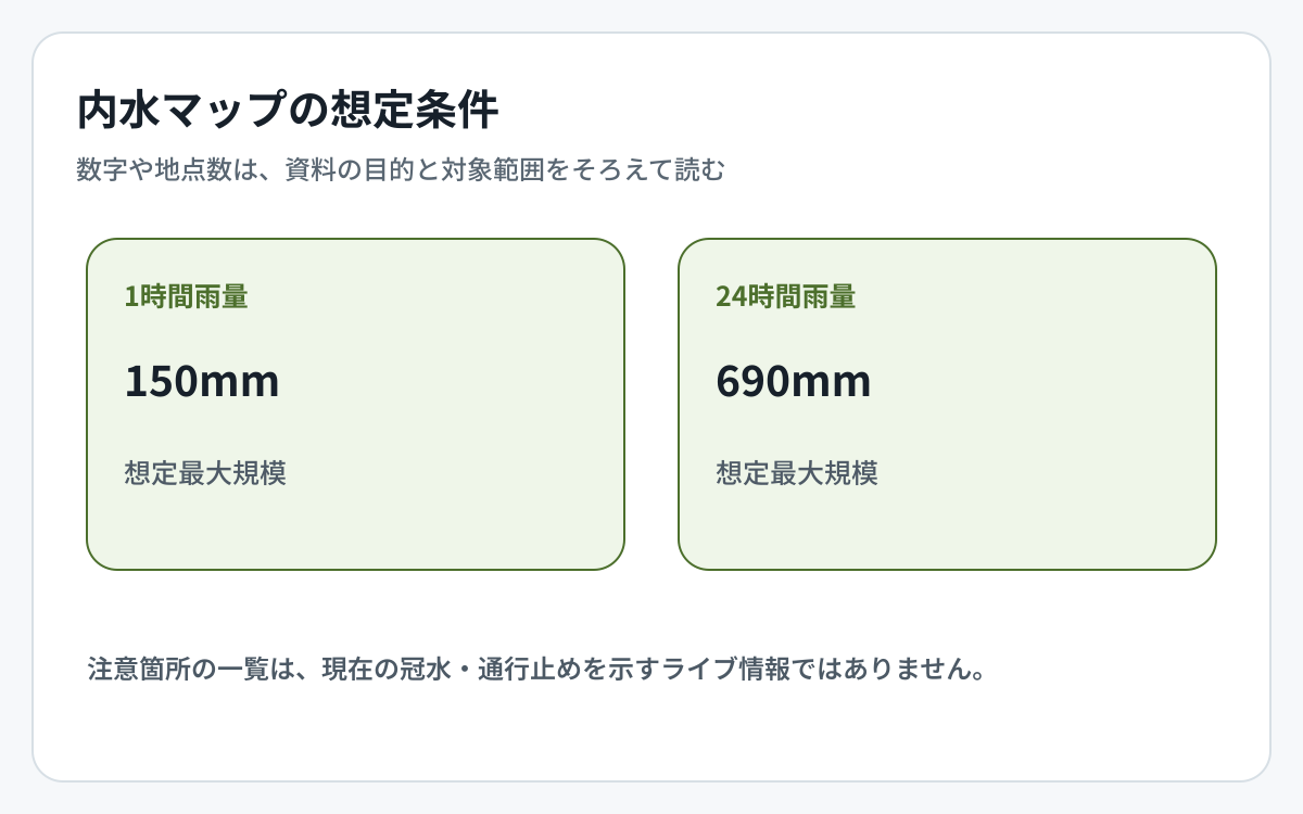 藤岡市の道路冠水資料の数字と対象範囲を比較した図