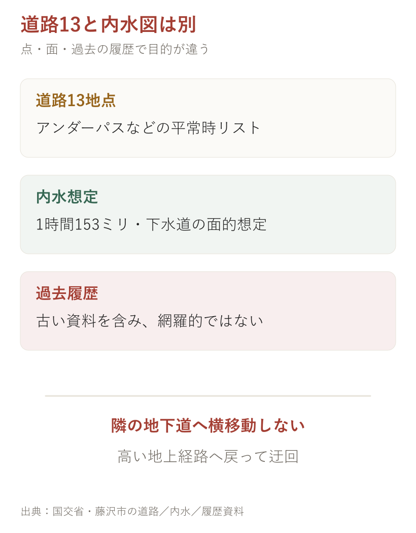 道路13と内水図は別。道路、内水、現在情報を分けて確認する図