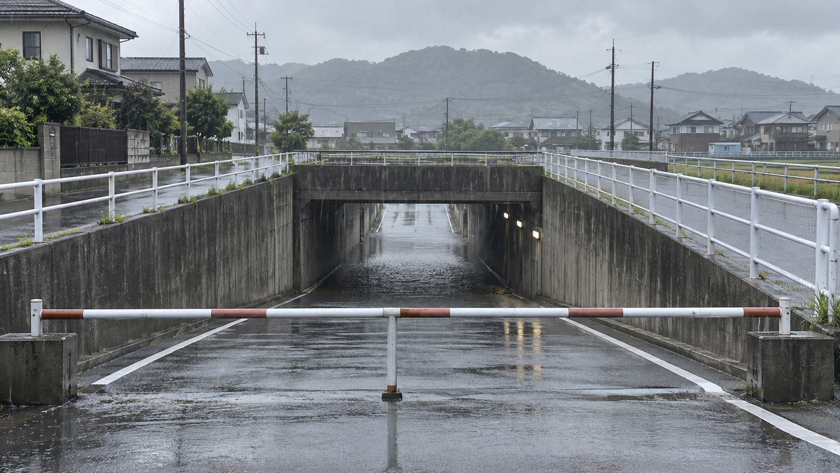 大雨で水がたまり通行止めになった福井市郊外をイメージしたアンダーパス