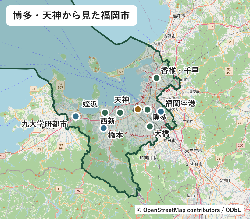 福岡市の行政界と博多、天神、福岡空港、香椎・千早、西新、姪浜、大橋、九大学研都市、橋本の位置図