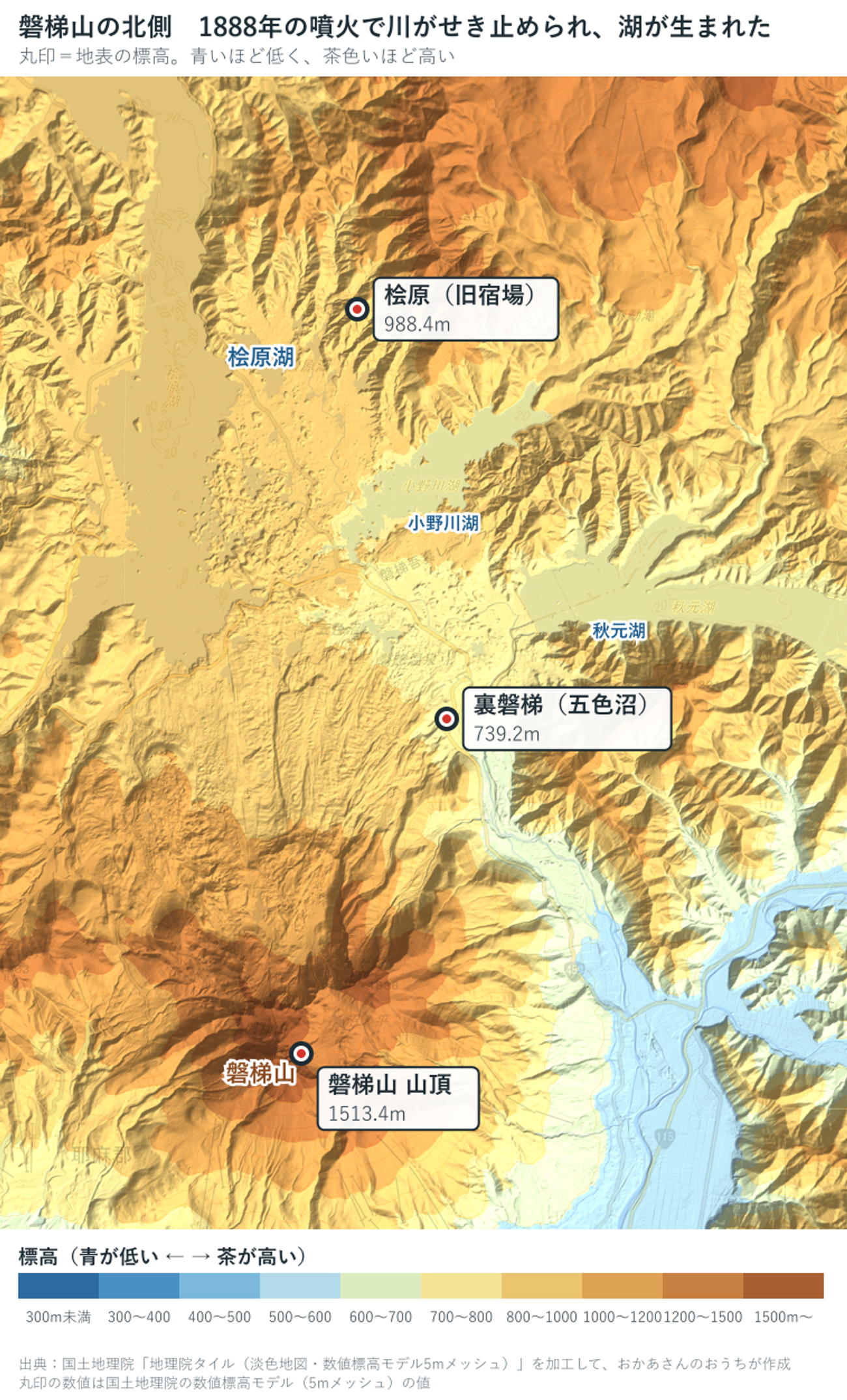 磐梯山北側の色別標高図。桧原湖・小野川湖・秋元湖が並び、南に磐梯山山頂1513.4m、湖の間に裏磐梯（五色沼）739.2m、桧原湖の北東に桧原（旧宿場）988.4mの丸印がある