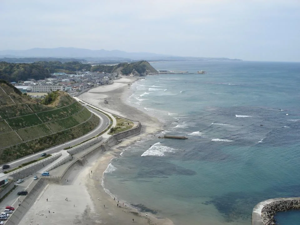 薄磯海岸の砂浜と打ち寄せる波。背後に岬の斜面が見える