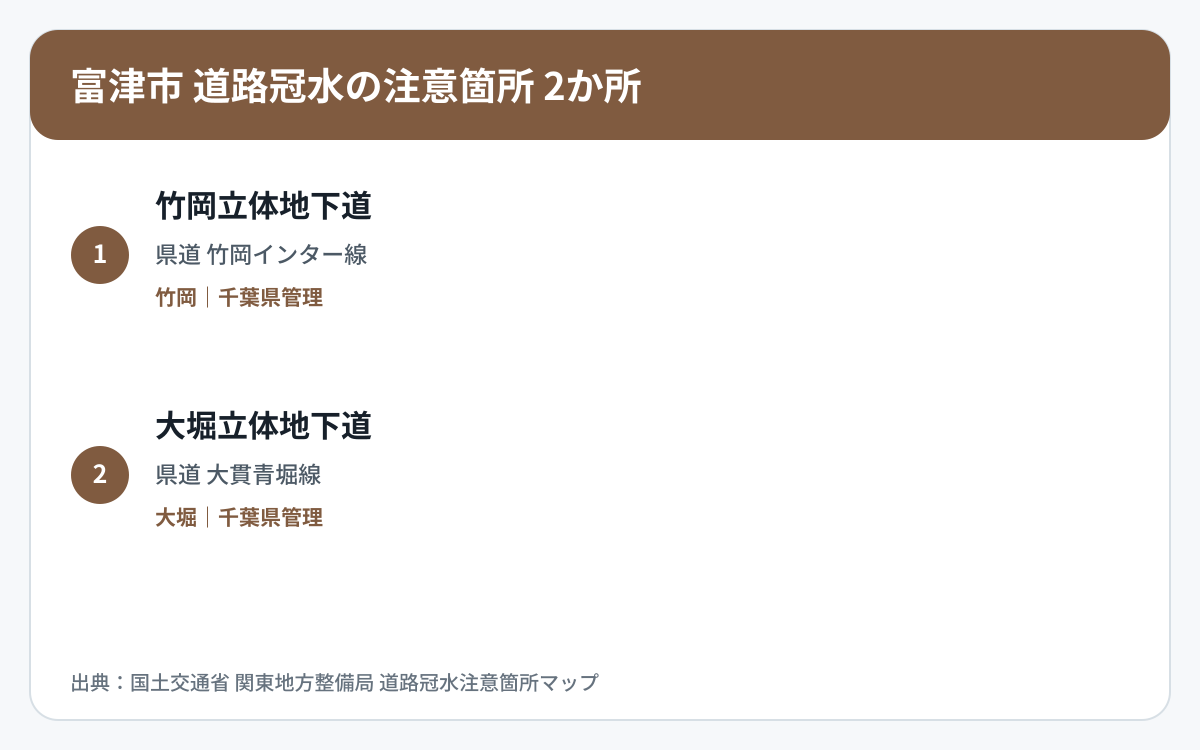 富津市の道路冠水注意箇所2か所を道路区分と管理者で整理した図