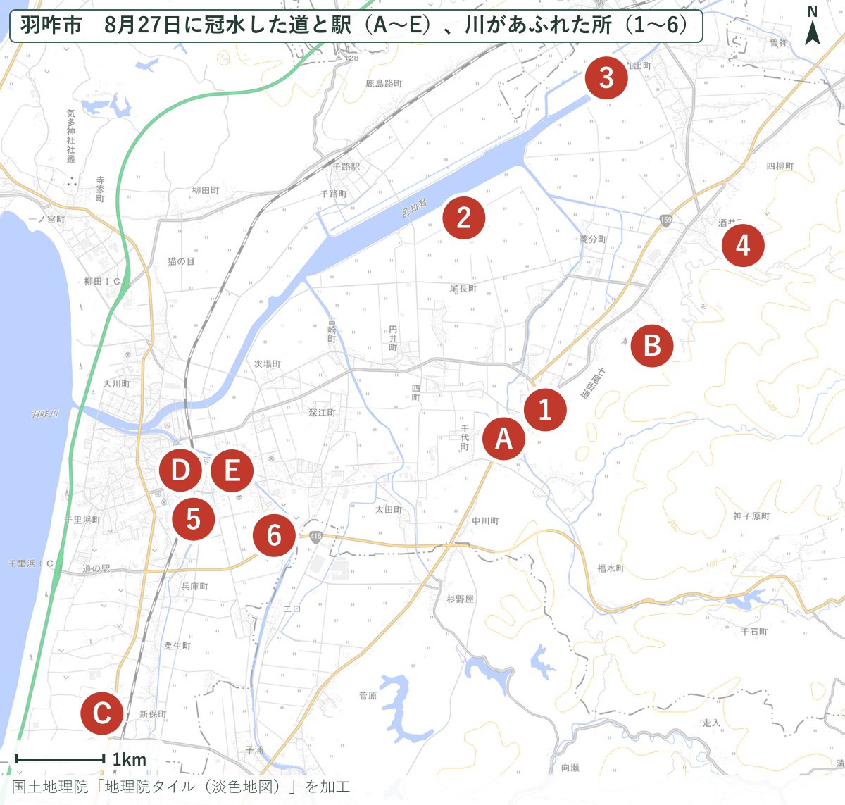 羽咋市で8月27日に冠水した道と駅、川があふれた所の地図