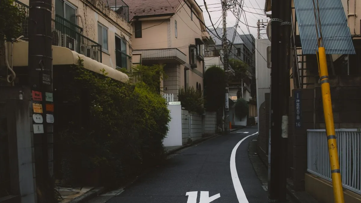 家と家のあいだを奥へ伸びる幅の狭い舗装路。両側にブロック塀と住宅の外壁