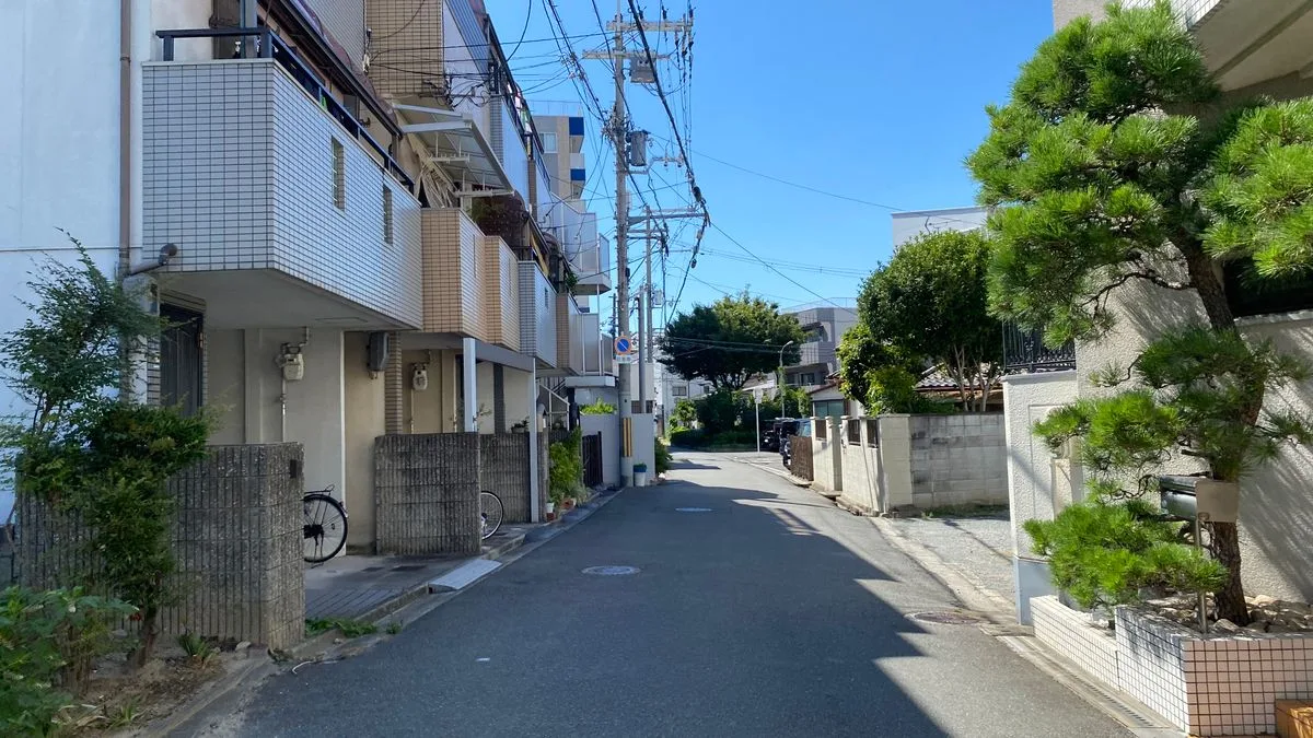 新しい戸建てが並ぶ日本の住宅街の道路。植木と塀が道路に面している