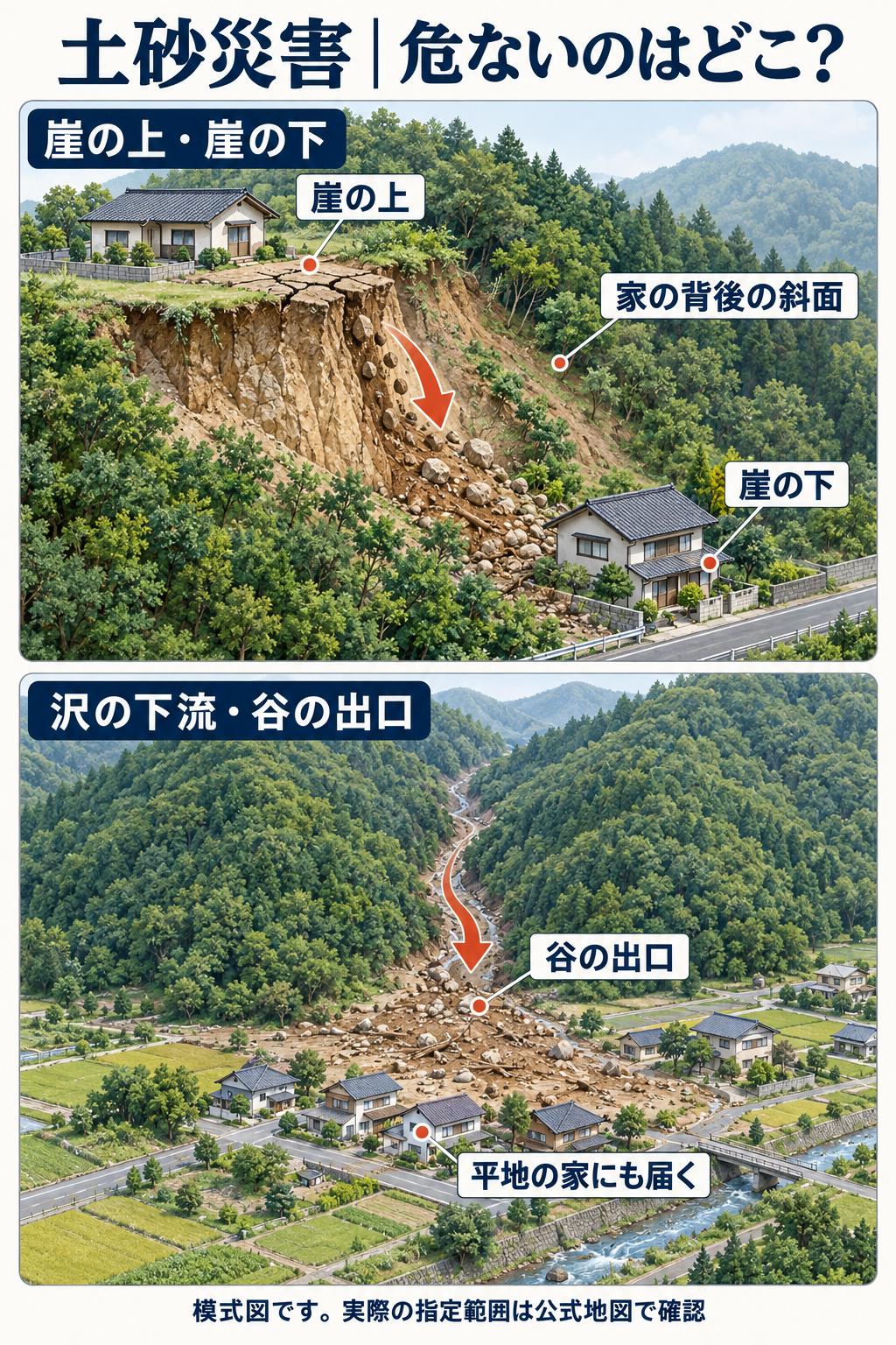 崖の上と下の家、沢の下流と谷の出口の住宅に土砂が届く位置関係を示した模式イラスト