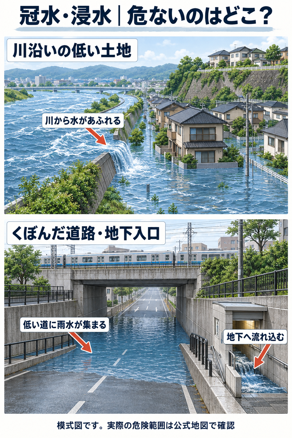 川沿いの低い住宅地への浸水と、くぼんだ道路や地下入口に雨水が流れ込む位置関係を示した模式イラスト