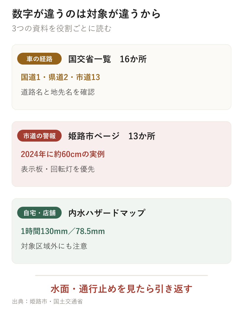 姫路市の冠水リスクを国交省16か所、市管理道路13か所、内水ハザードマップの3資料で使い分ける図