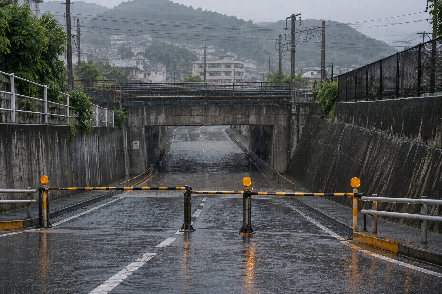 大雨で水がたまり通行止めになった広島市郊外をイメージしたアンダーパス
