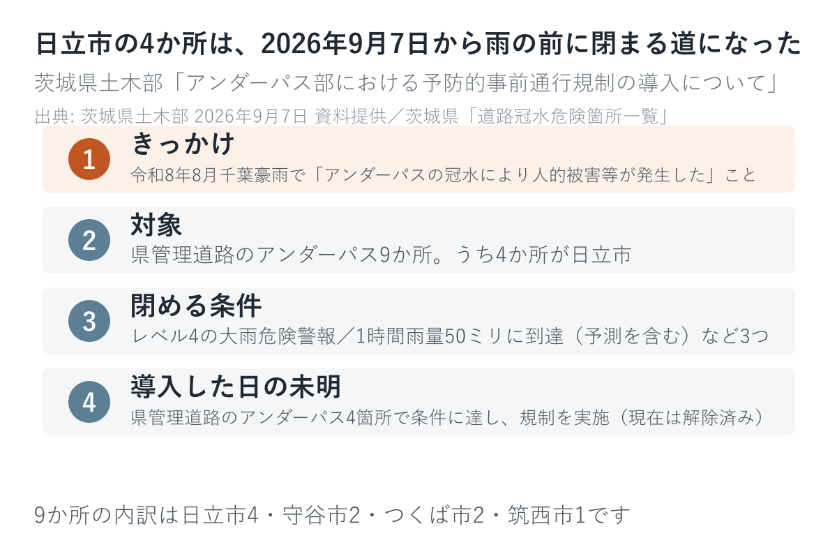 県が管理するアンダーパス9か所のうち、4か所が日立市です