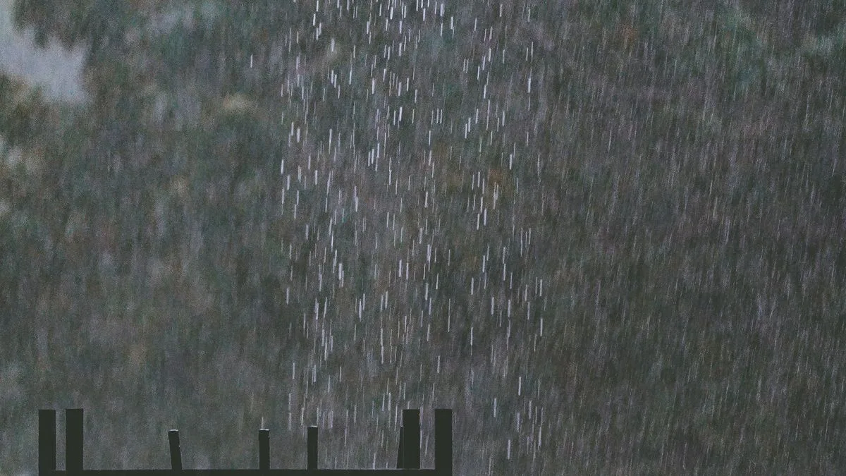 灰色の空を背に、雨が斜めの線になって強く降っている様子