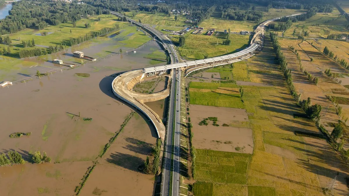 上空から見た、水につかった田畑のあいだを通る道路