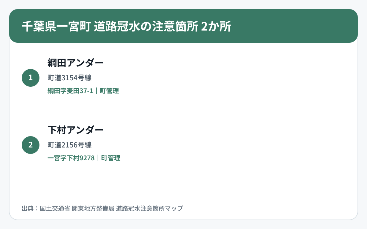 千葉県一宮町の道路冠水注意箇所2か所を道路区分と管理者で整理した図