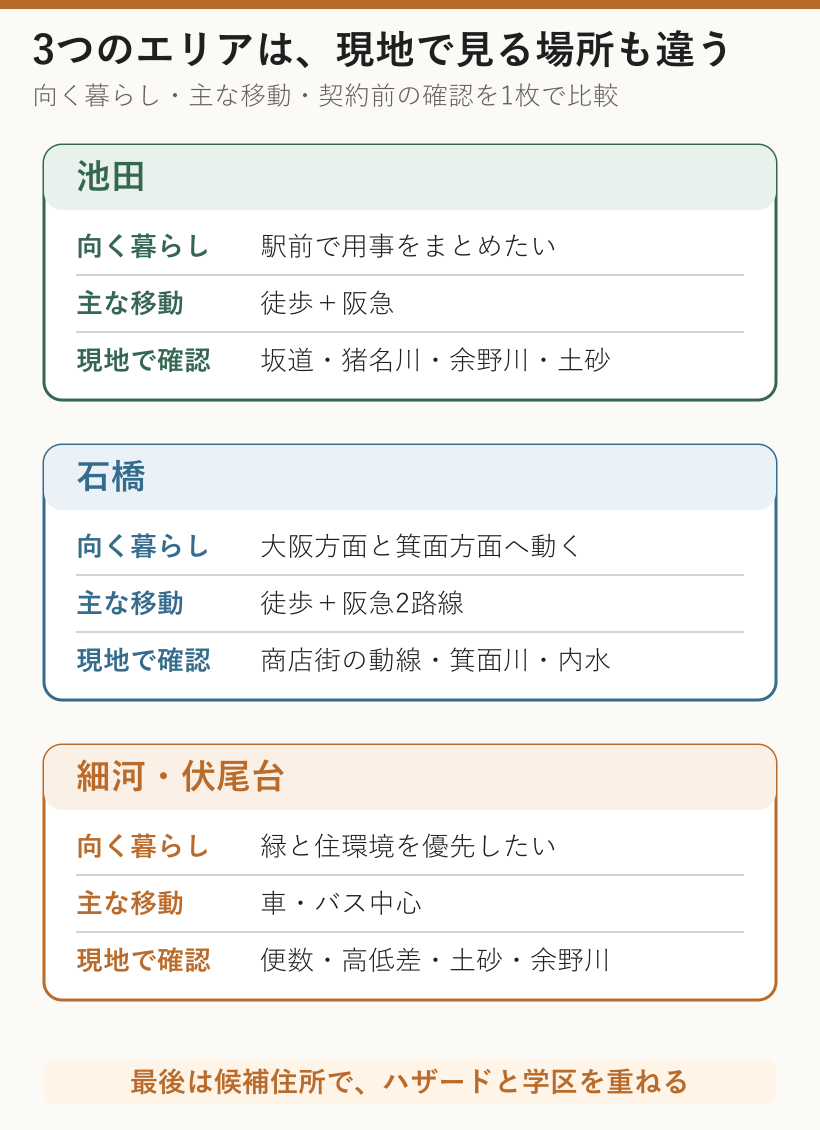 池田、石橋、細河・伏尾台の向く暮らし、主な移動手段、現地で確認する項目の比較