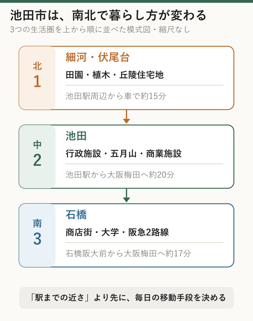 池田市の3つの生活圏を北から細河・伏尾台、池田、石橋の順に並べた模式図