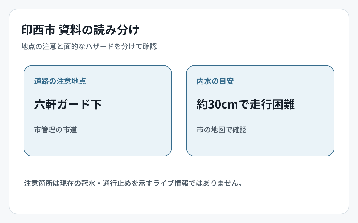 印西市の道路冠水資料とハザード資料の対象範囲を比較した図