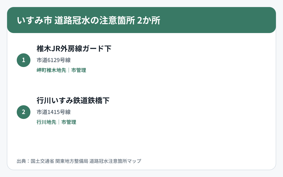 いすみ市の道路冠水注意箇所2か所を道路区分と管理者で整理した図