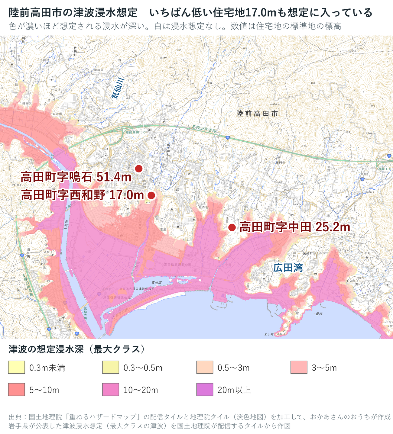 陸前高田市の津波浸水想定図。気仙川の河口から広田湾ぞいが10〜20mの濃いピンクに塗られ、高田町字西和野17.0m、字中田25.2m、字鳴石51.4mの丸印が並ぶ