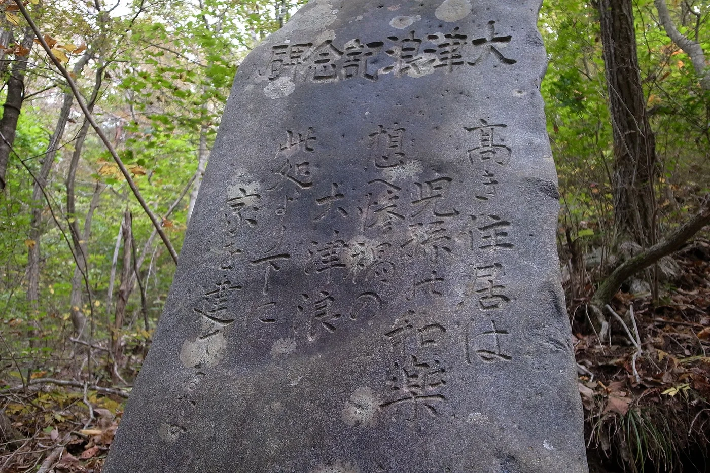 林の中に立つ石碑。上部に「大津浪記念碑」の題字、その下に「高き住居は児孫の和楽」「想へ惨禍の大津浪」「此処より下に家を建てるな」と縦に刻まれている