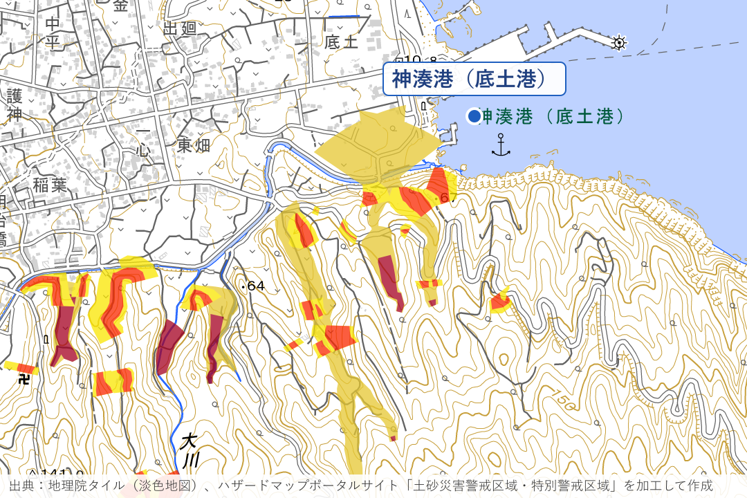三根 底土港の南の沢筋周辺の土砂災害警戒区域を重ねた地図