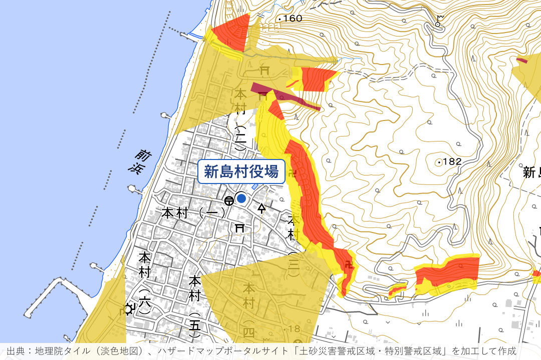 新島村 本村の役場裏の崖周辺の土砂災害警戒区域を重ねた地図
