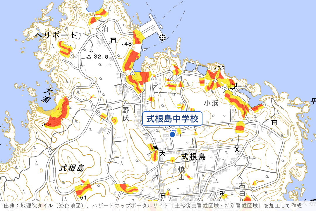 新島村 式根島の野伏港からの坂道周辺の土砂災害警戒区域を重ねた地図