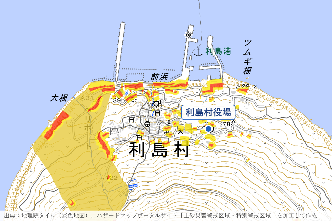 利島村 利島港の上の集落周辺の土砂災害警戒区域を重ねた地図