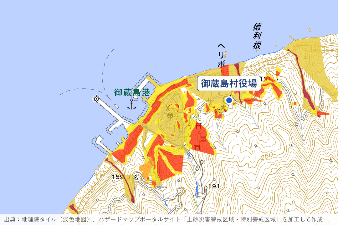 御蔵島村 御蔵島港の上の集落周辺の土砂災害警戒区域を重ねた地図