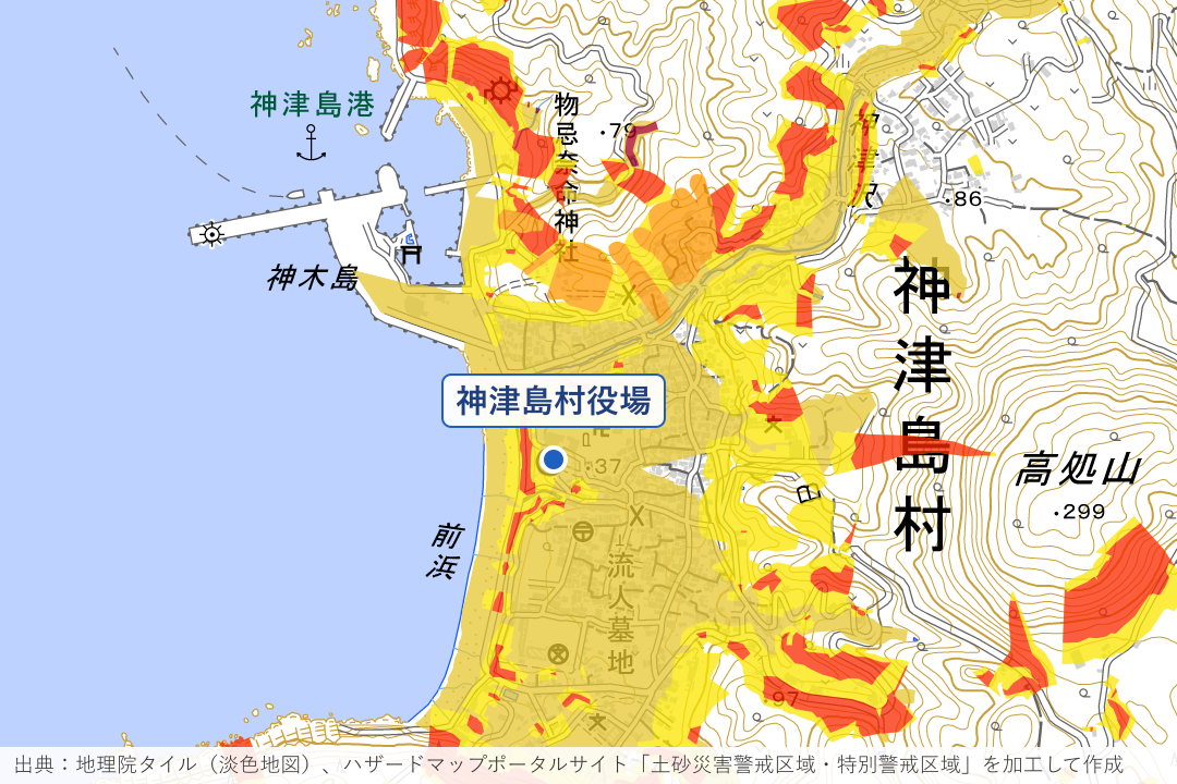 神津沢沿いの役場周辺の集落周辺の土砂災害警戒区域を重ねた地図