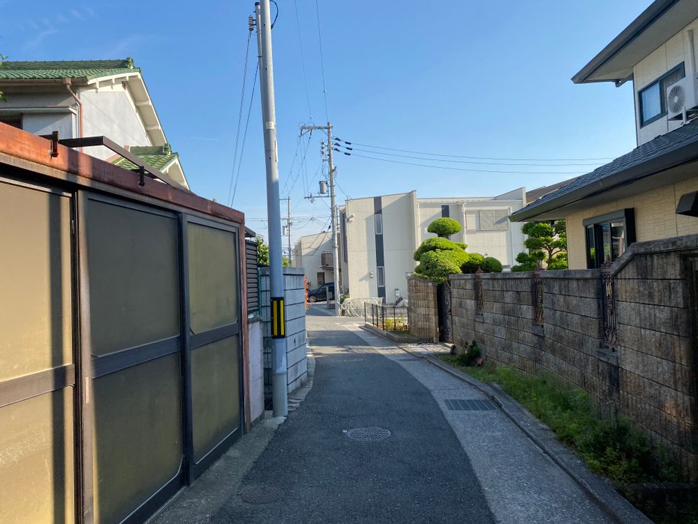 晴れた日の日本の郊外の住宅街。手入れされた木と新しい戸建てが並ぶ通り