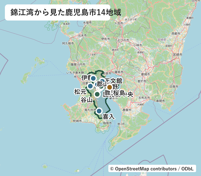 鹿児島市の行政界と鹿児島中央、天文館、鹿児島、谷山、吉野、伊敷、松元、郡山、喜入、桜島の位置図