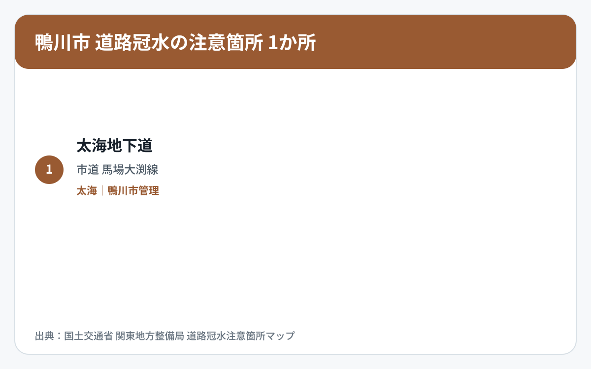 鴨川市の道路冠水注意箇所1か所を道路区分と管理者で整理した図