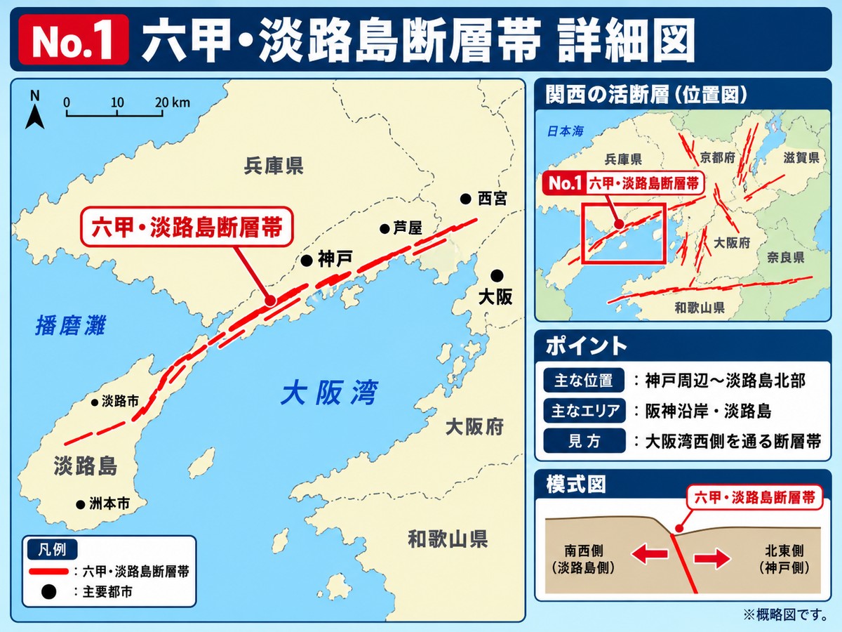 六甲・淡路島断層帯の詳細図。神戸市街地から淡路島北部にかけての位置を示す