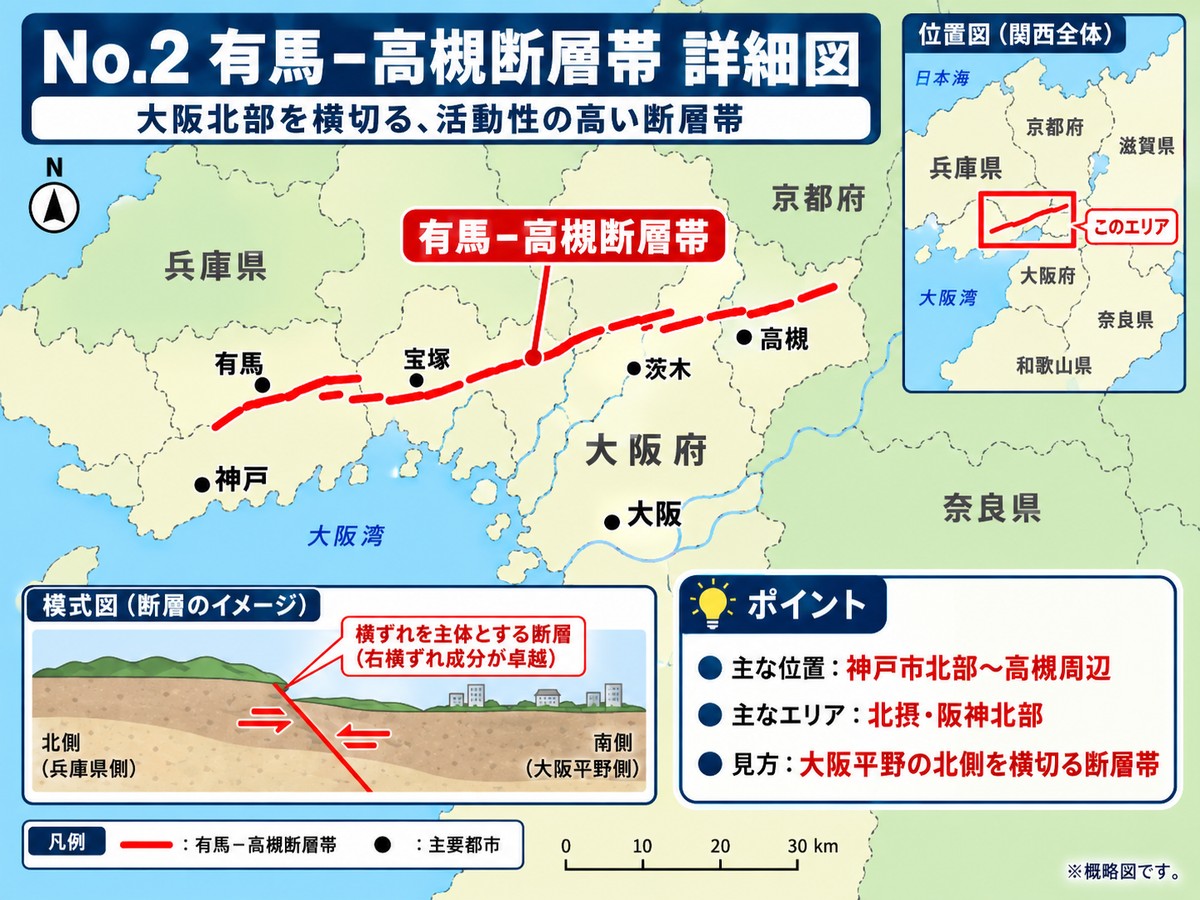 有馬－高槻断層帯の詳細図。神戸市北部から高槻市までの位置を示す