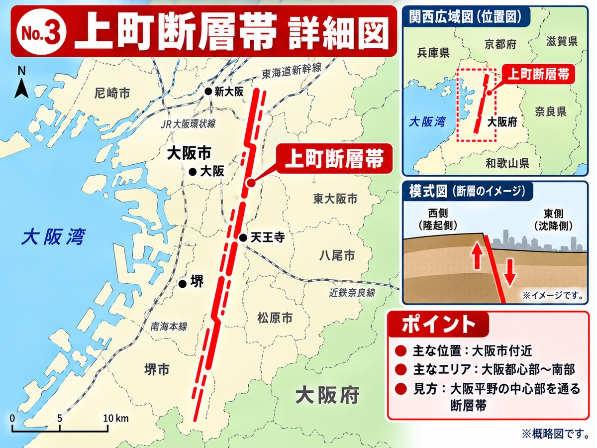 上町断層帯の詳細図。大阪市中心部を南北に通る位置を示す