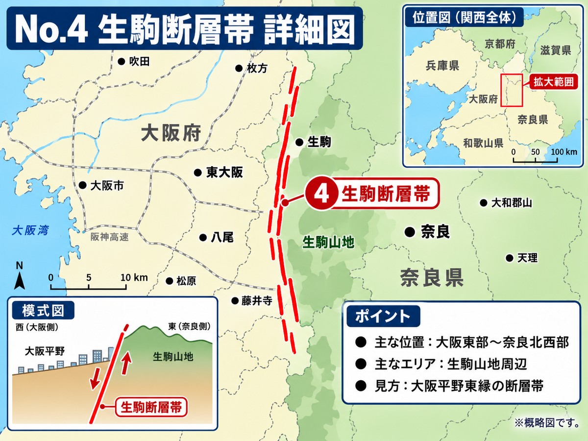 生駒断層帯の詳細図。生駒山地と大阪平野の境目を通る位置を示す