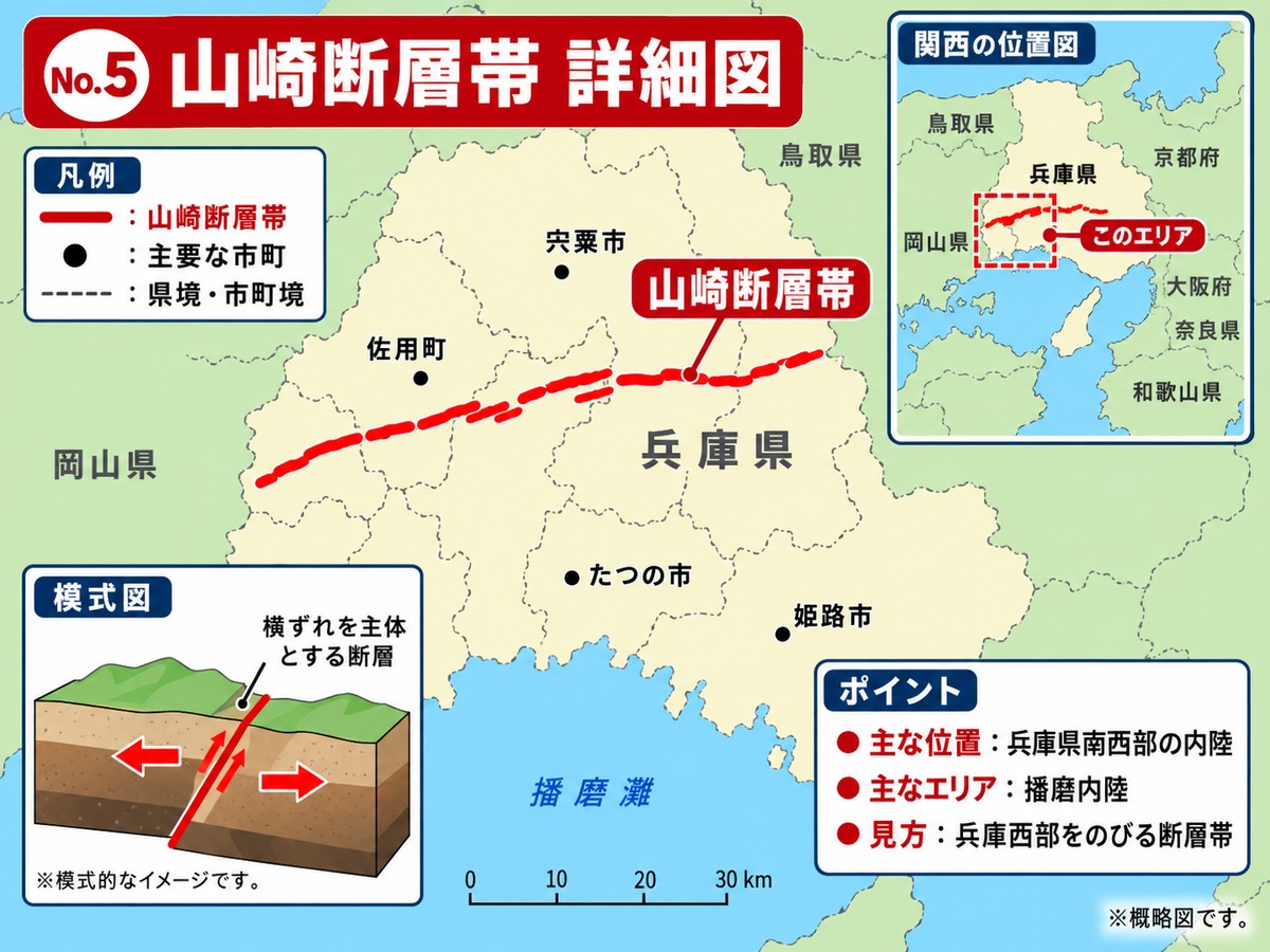 山崎断層帯の詳細図。兵庫県南西部の内陸を通る位置を示す