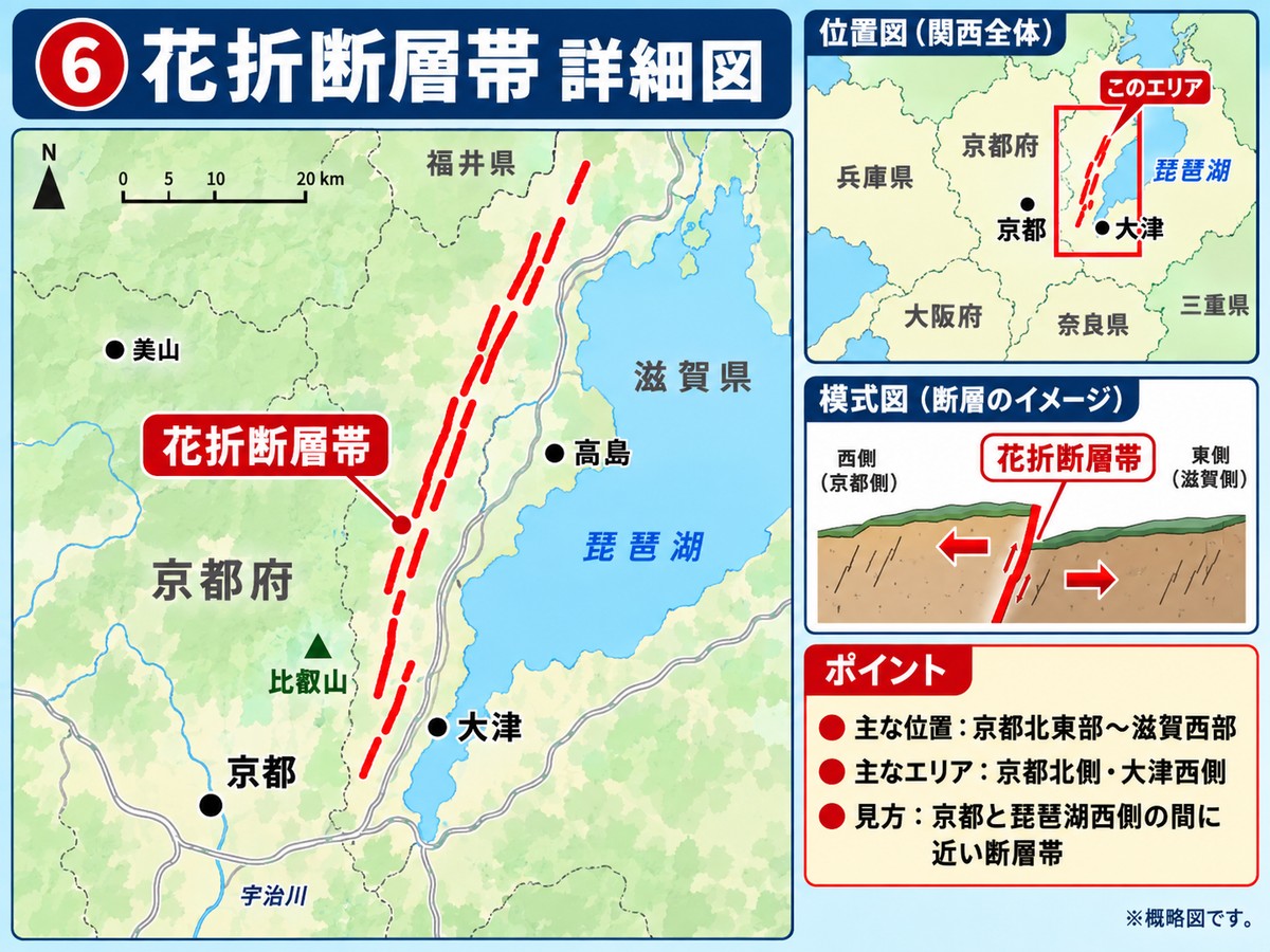 花折断層帯の詳細図。京都市北東部から滋賀県西部を通る位置を示す