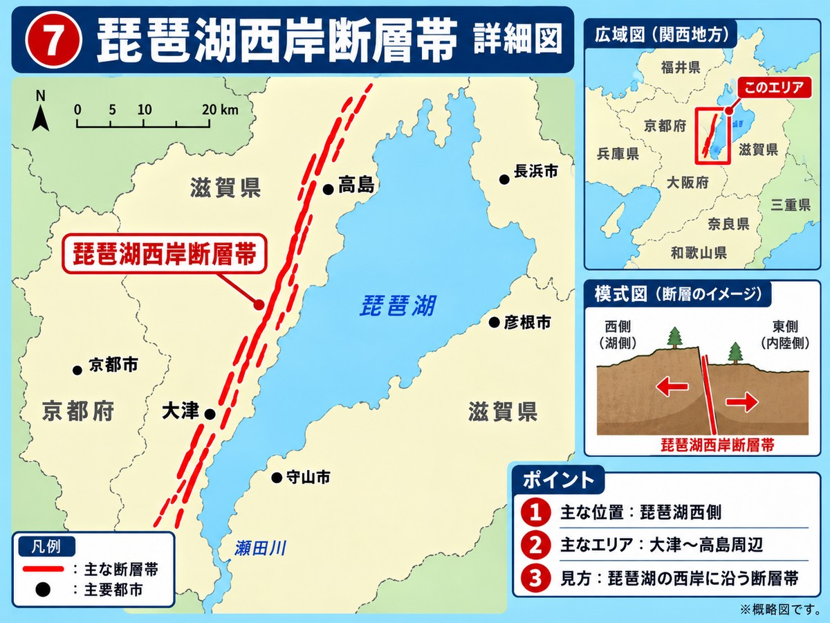 琵琶湖西岸断層帯の詳細図。琵琶湖の西岸に沿う位置を示す