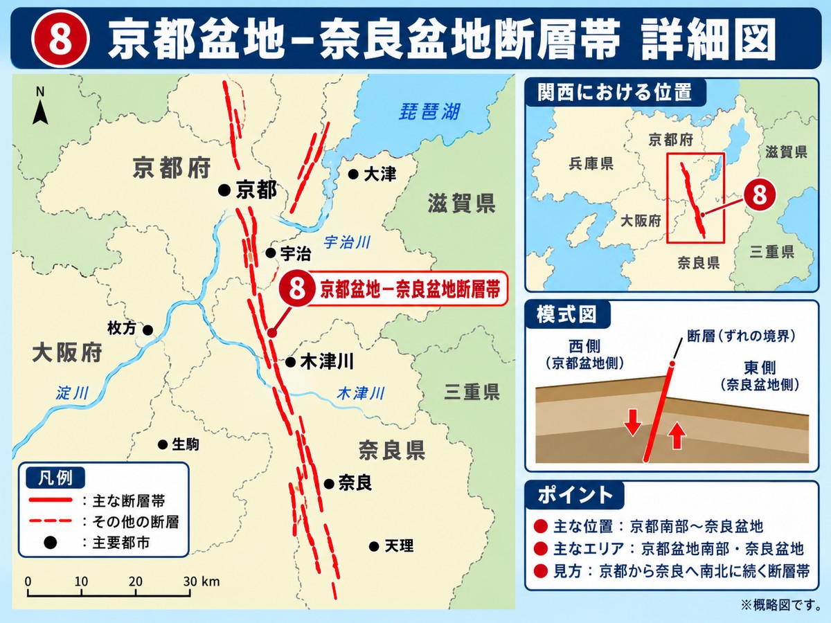 京都盆地－奈良盆地断層帯の詳細図。京都から奈良へ南北に続く位置を示す
