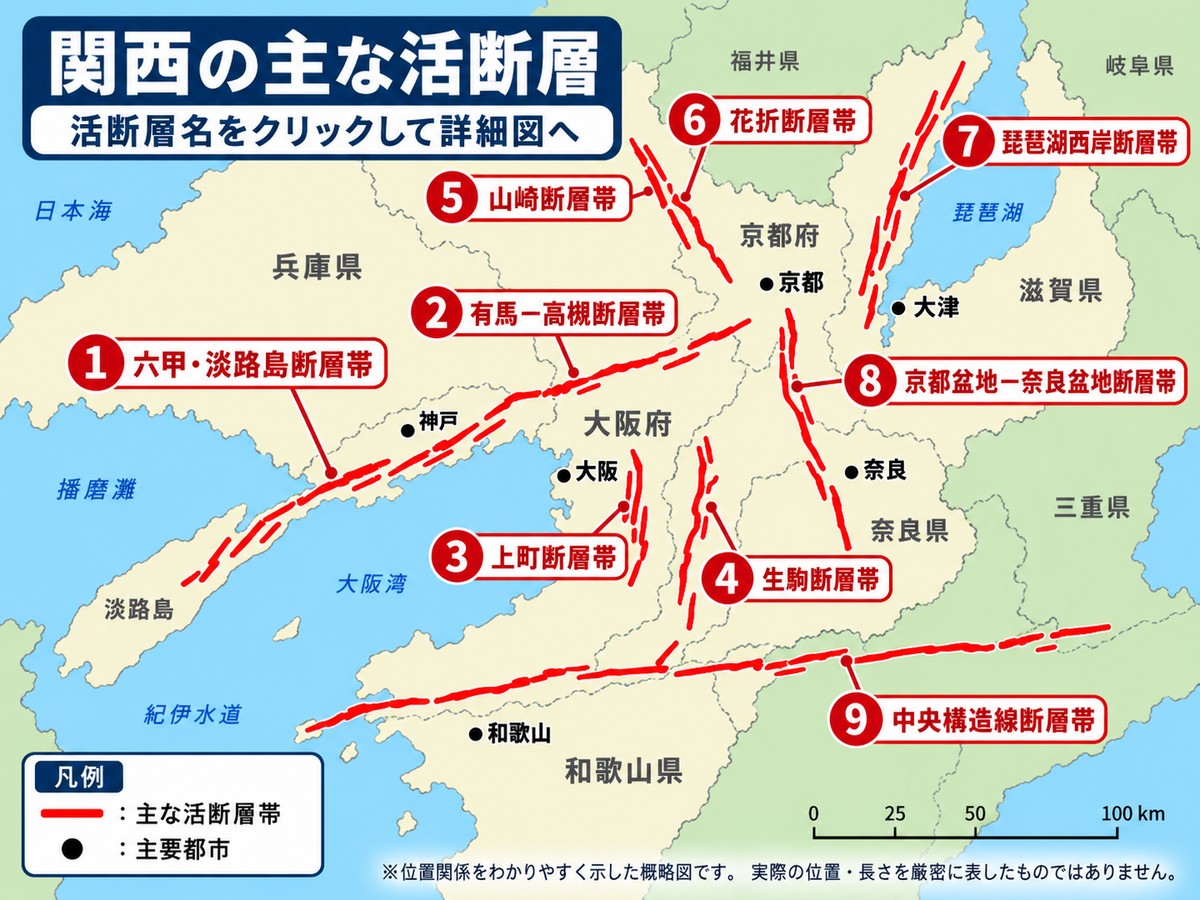 関西の主な活断層帯9本の位置図